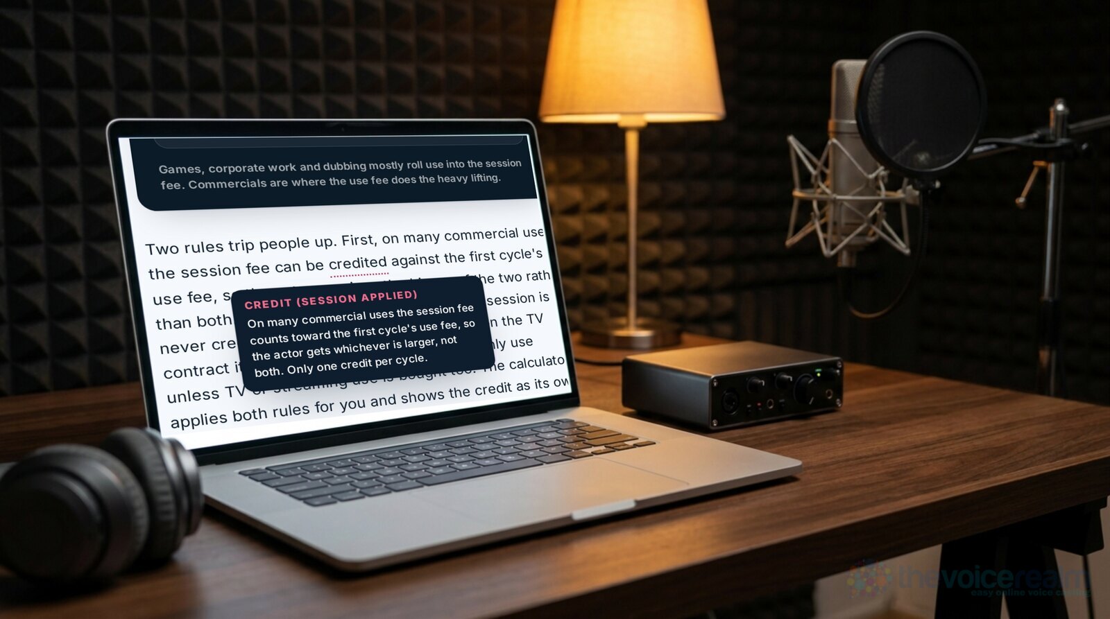 A laptop on a home studio desk at night showing the rate card's tap-to-explain box for the word credited, beside a lamp, an audio interface and a studio microphone. Composite image: The Voice Realm. © The Voice Realm