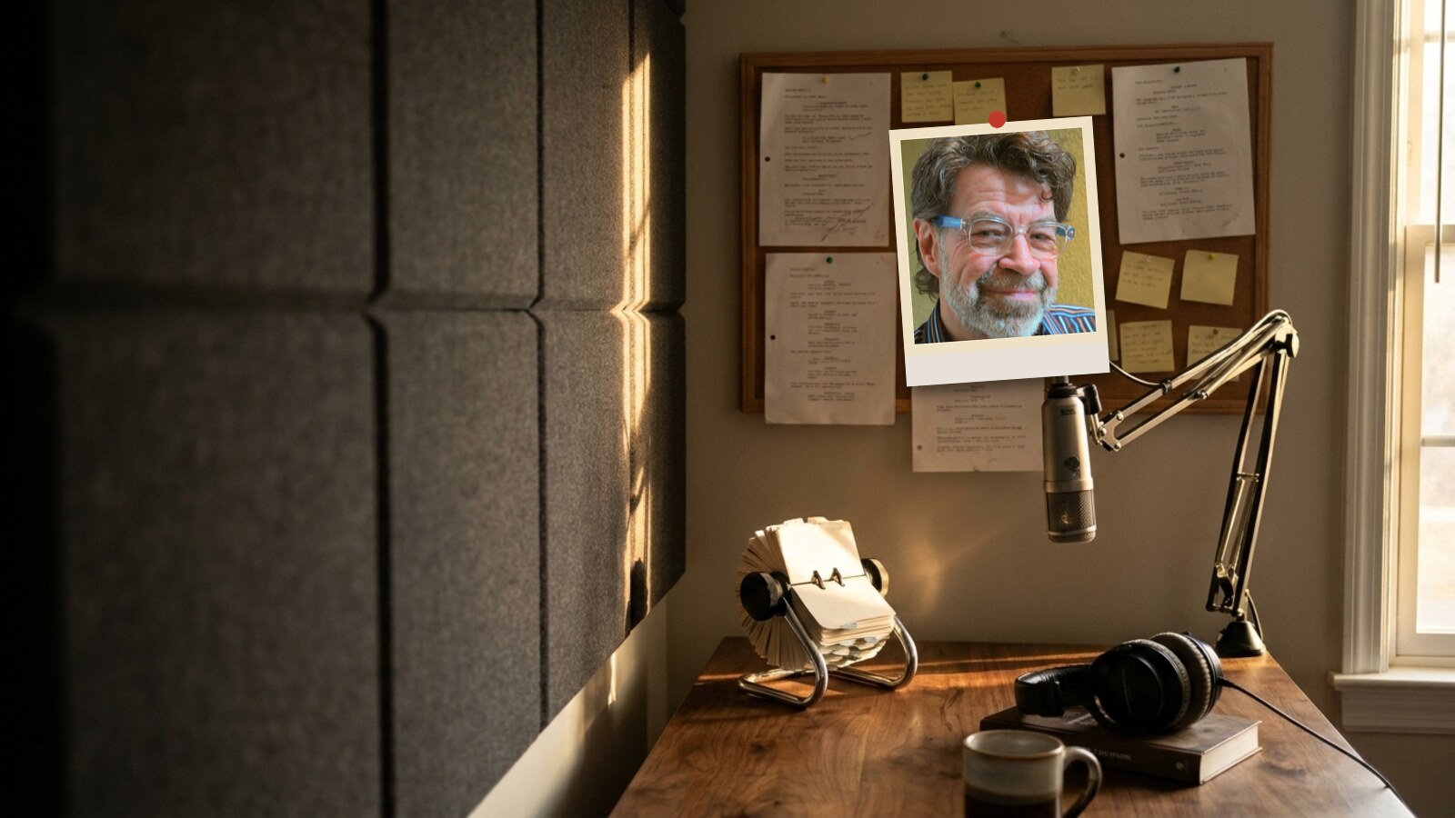 Larry Wayne's photo pinned to a cork board above a studio desk with a microphone and a Rolodex. Composite image: The Voice Realm