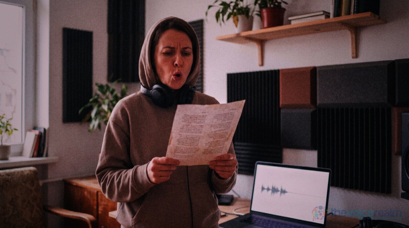 A woman in a beige hoodie in a home studio holding a script and shaping a round oo with her lips, headphones around her neck and a laptop on the desk behind her © The Voice Realm
