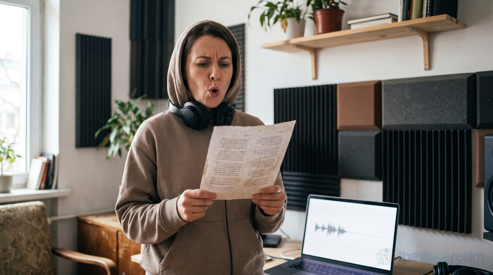 A woman in a beige hoodie in a home studio holding a script and shaping a round oo with her lips, headphones around her neck and a laptop on the desk behind her © The Voice Realm