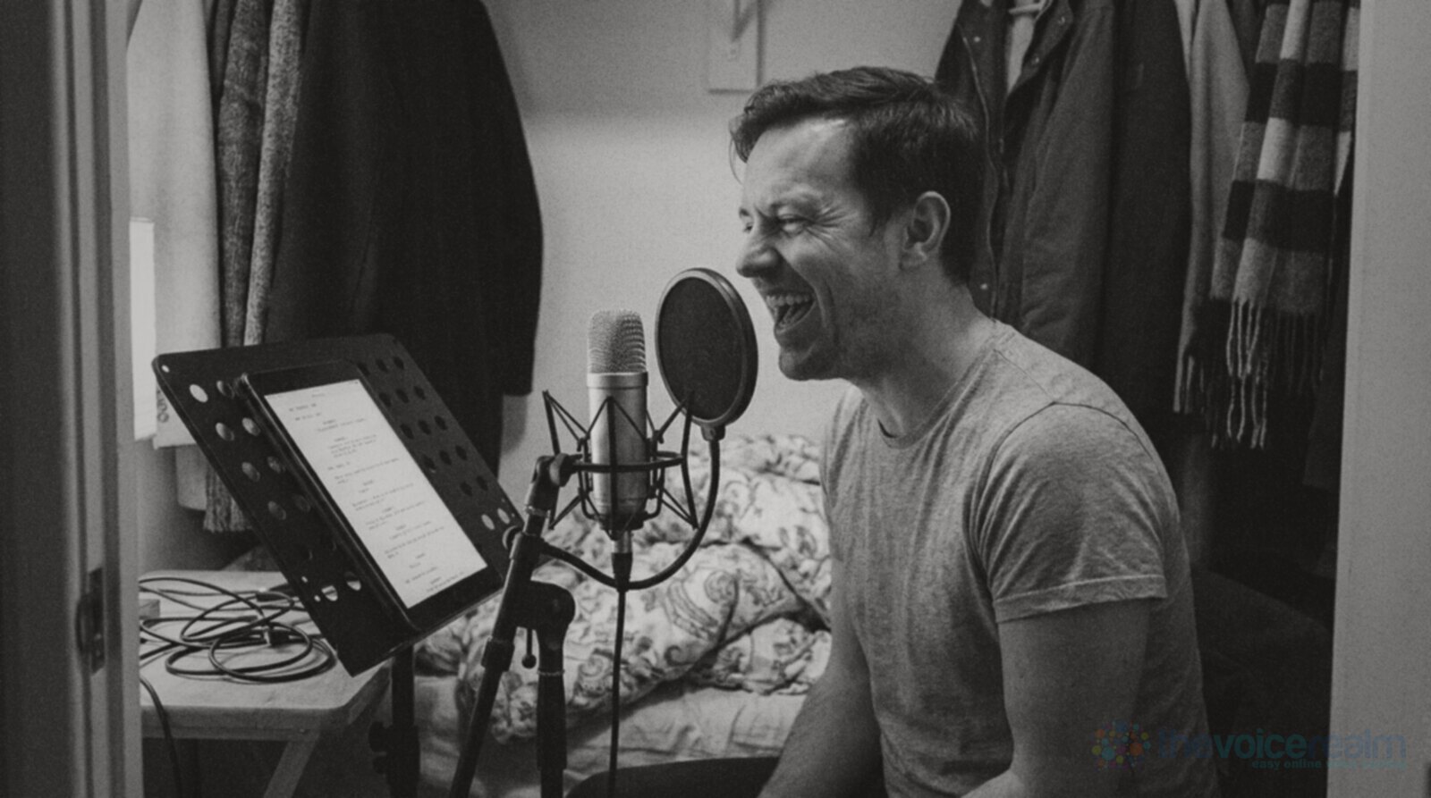 Black and white photo of a man in a t-shirt laughing loudly mid sentence while recording in a converted wardrobe at home, coats hanging behind him, a condenser microphone with a pop shield in front of him and a tablet script on a music stand © The Voice Realm