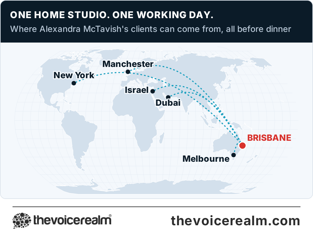 Map: from Alexandra's studio in Brisbane to clients in Dubai, Manchester, Israel, New York and Melbourne