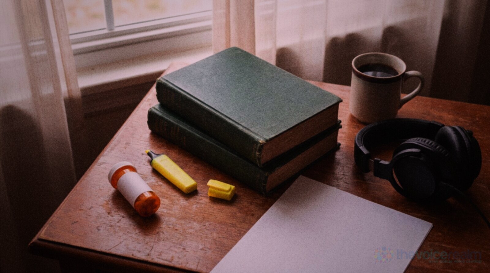 A narrator's wooden desk by a window with two green cloth medical textbooks, an amber pill bottle, a yellow highlighter, a sheet of paper, studio headphones and a mug of coffee © The Voice Realm