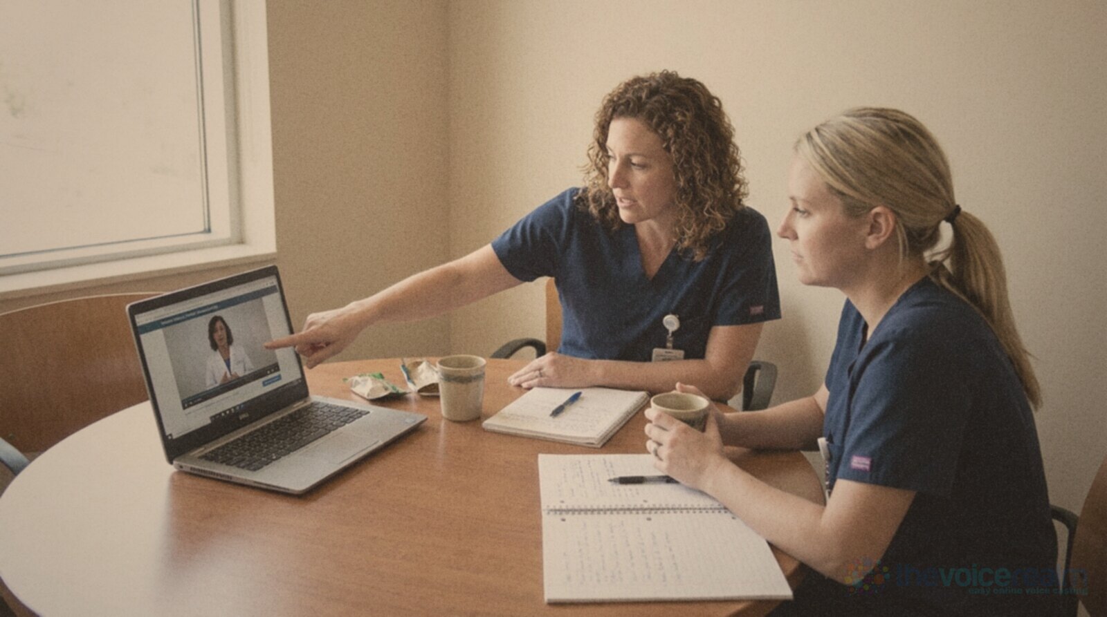 Two nurses in navy scrubs at a table in a hospital training room watching a narrated training video on a laptop, one pointing at the screen © The Voice Realm