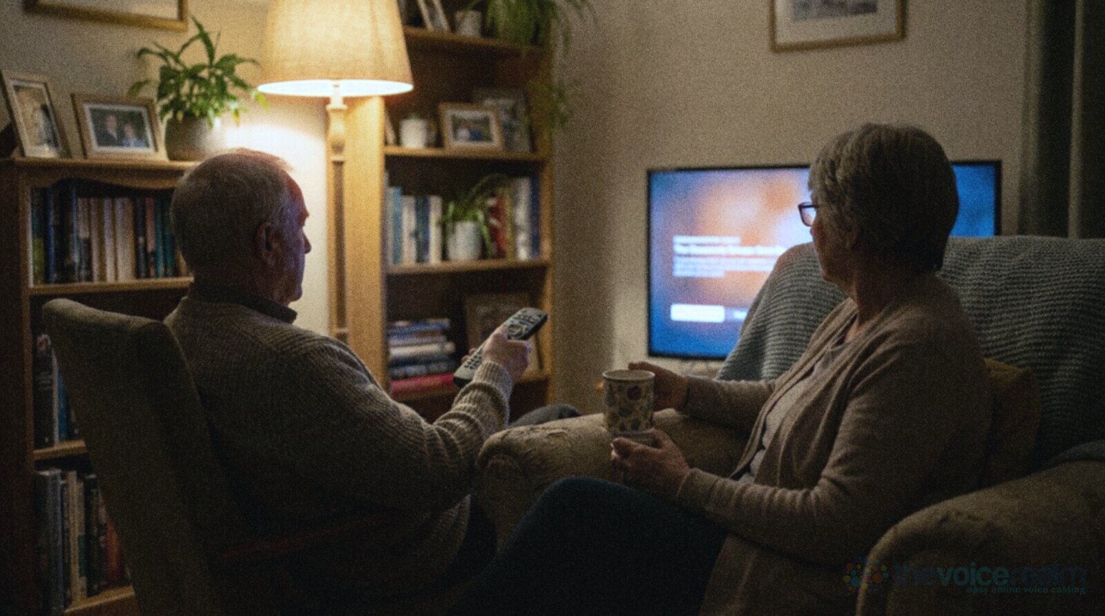 An older couple in a lamp lit living room in the evening watching television, the man holding the remote and the woman holding a mug of tea © The Voice Realm