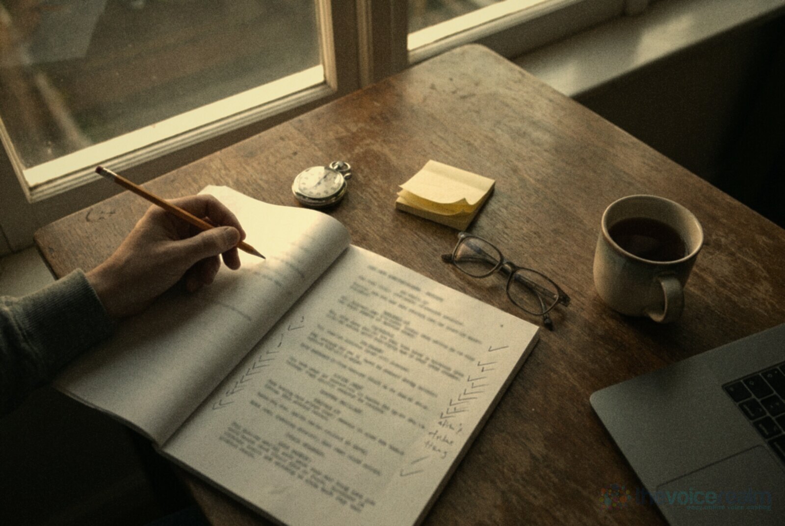 A translator's desk by a window: a hand with a pencil over a printed dialogue script with ticks in the margin, a stopwatch, sticky notes, reading glasses and a cup of tea © The Voice Realm