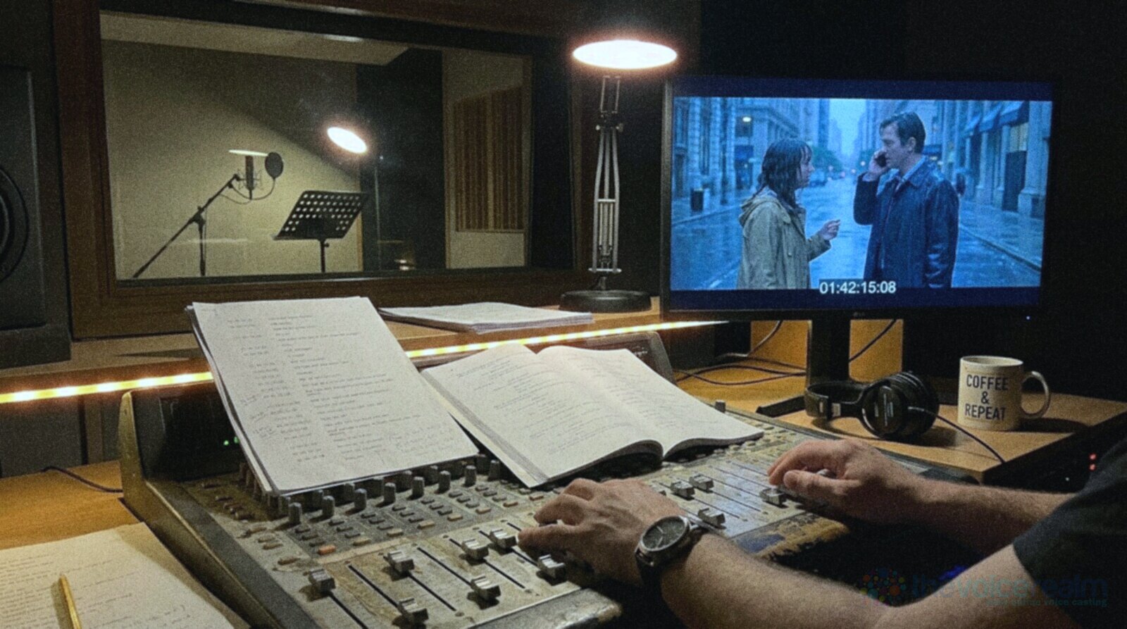 The control room of a dubbing studio at night, an engineer's hands on the faders of a mixing desk, a printed script open on the desk and a screen showing a paused drama scene on a rainy city street with a timecode counter, an empty recording booth through the glass © The Voice Realm