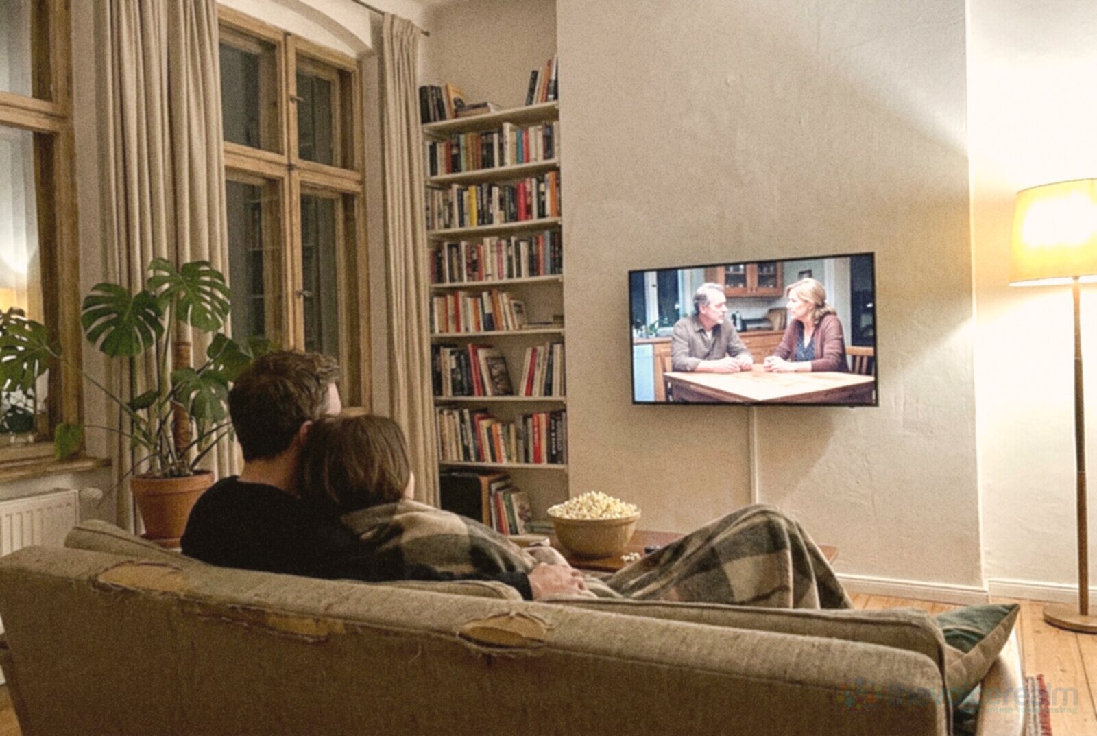 A couple under a blanket on a sofa in a Berlin apartment in the evening, watching a drama on a wall mounted television with a bowl of popcorn, tall old windows, bookshelves and a floor lamp © The Voice Realm