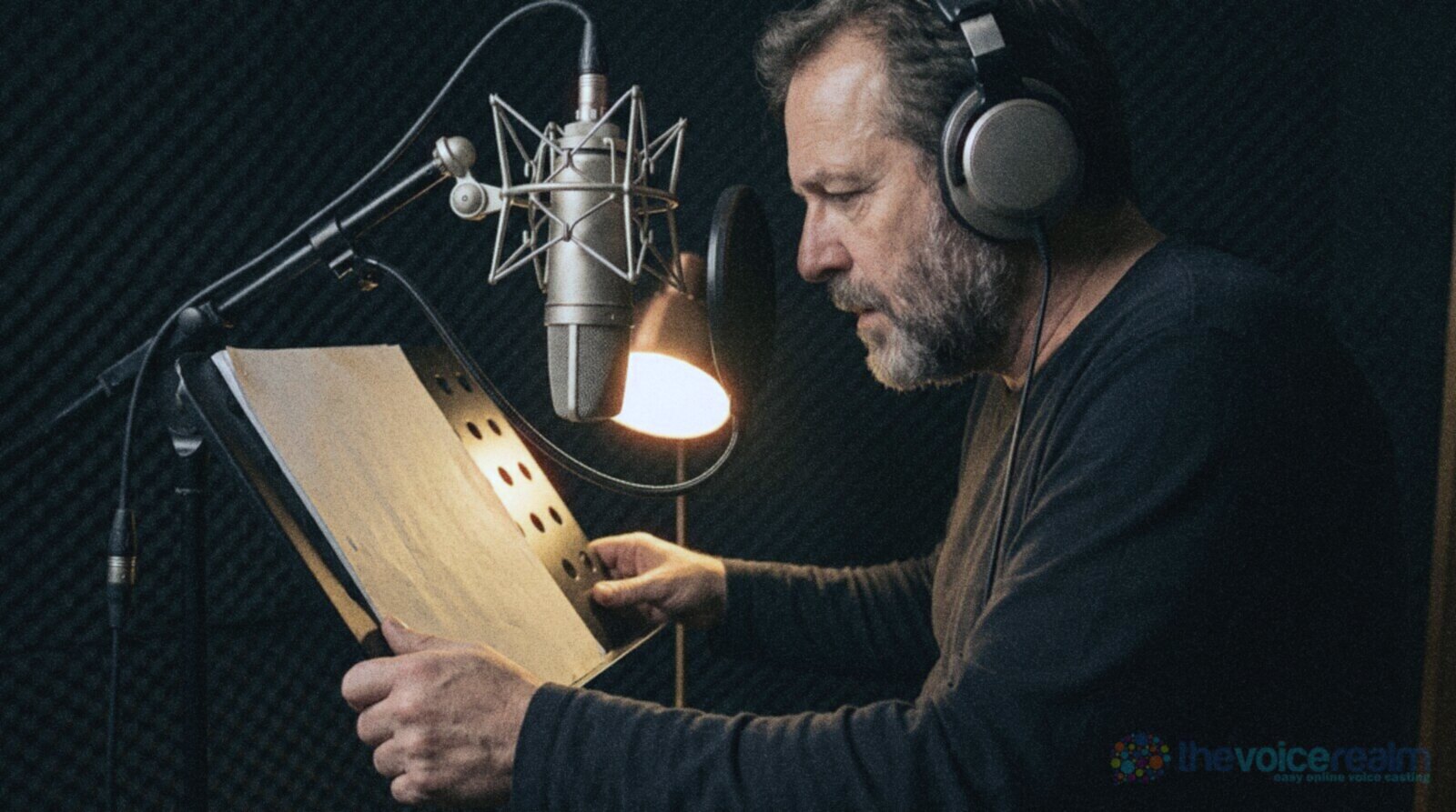 A bearded narrator in headphones reading a script on a music stand in a dark studio booth, a desk lamp lighting the page © The Voice Realm