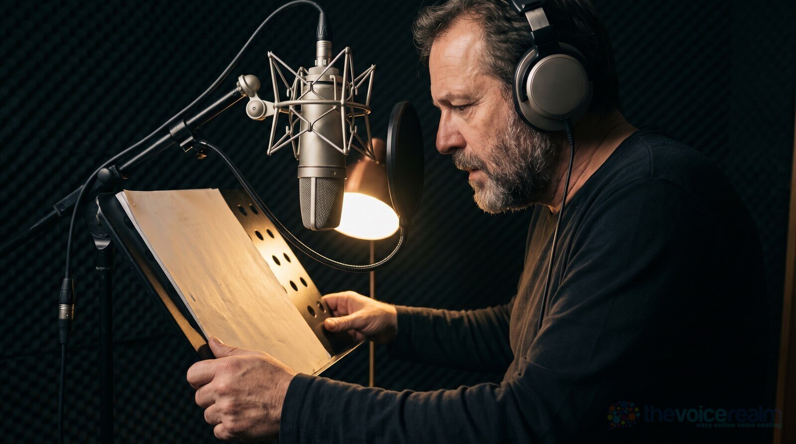 A bearded narrator in headphones reading a script on a music stand in a dark studio booth, a desk lamp lighting the page © The Voice Realm