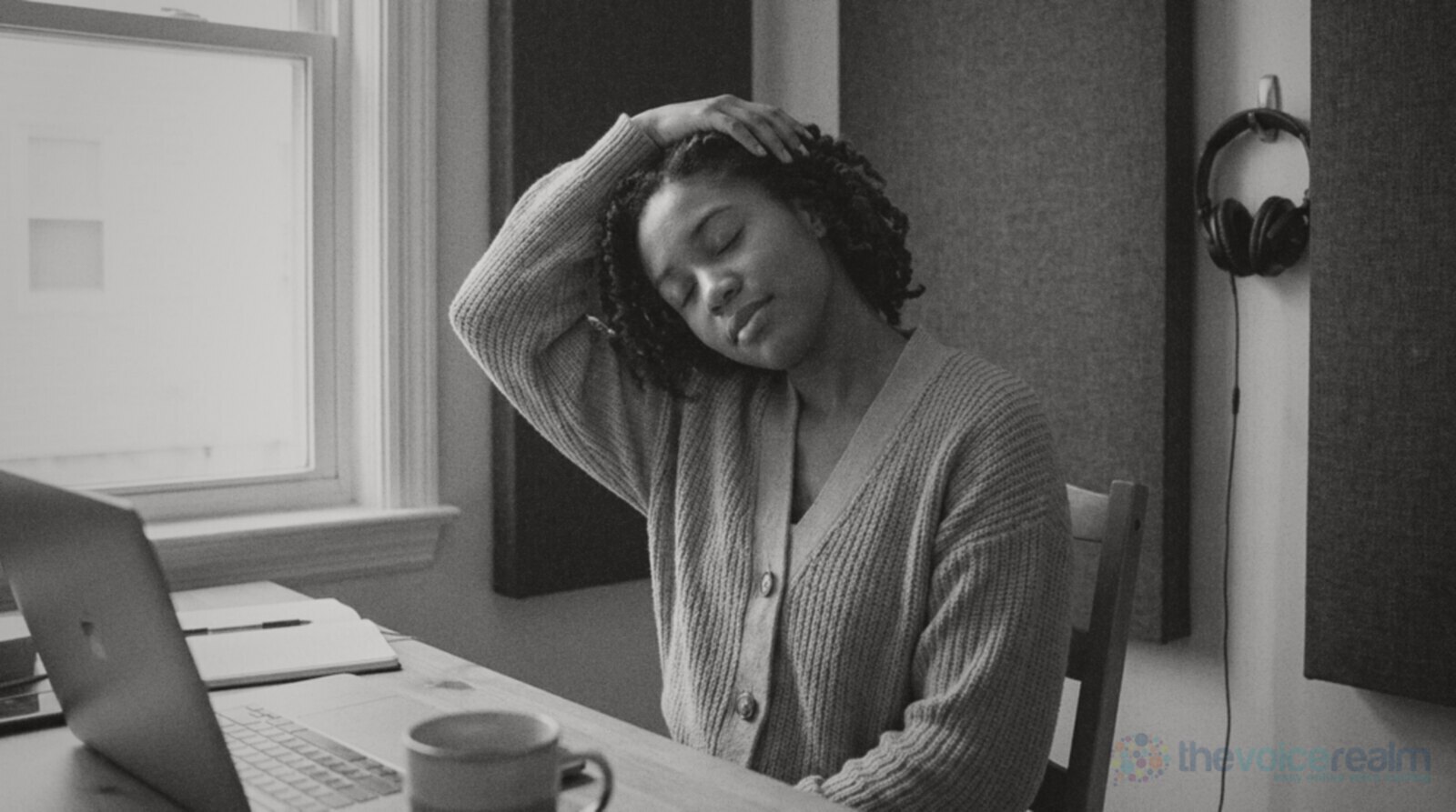 A young woman in a mustard cardigan at her desk, eyes closed, tilting her head to one side in a slow neck stretch with one hand resting on her head, headphones hanging on the wall behind her © The Voice Realm