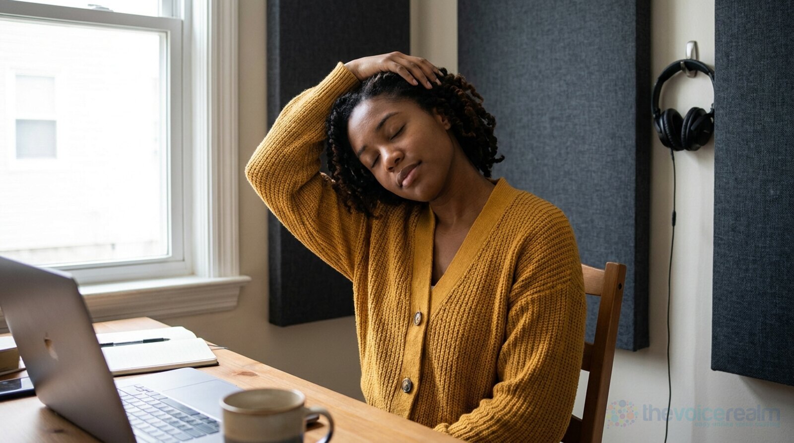 A young woman in a mustard cardigan at her desk, eyes closed, tilting her head to one side in a slow neck stretch with one hand resting on her head, headphones hanging on the wall behind her © The Voice Realm