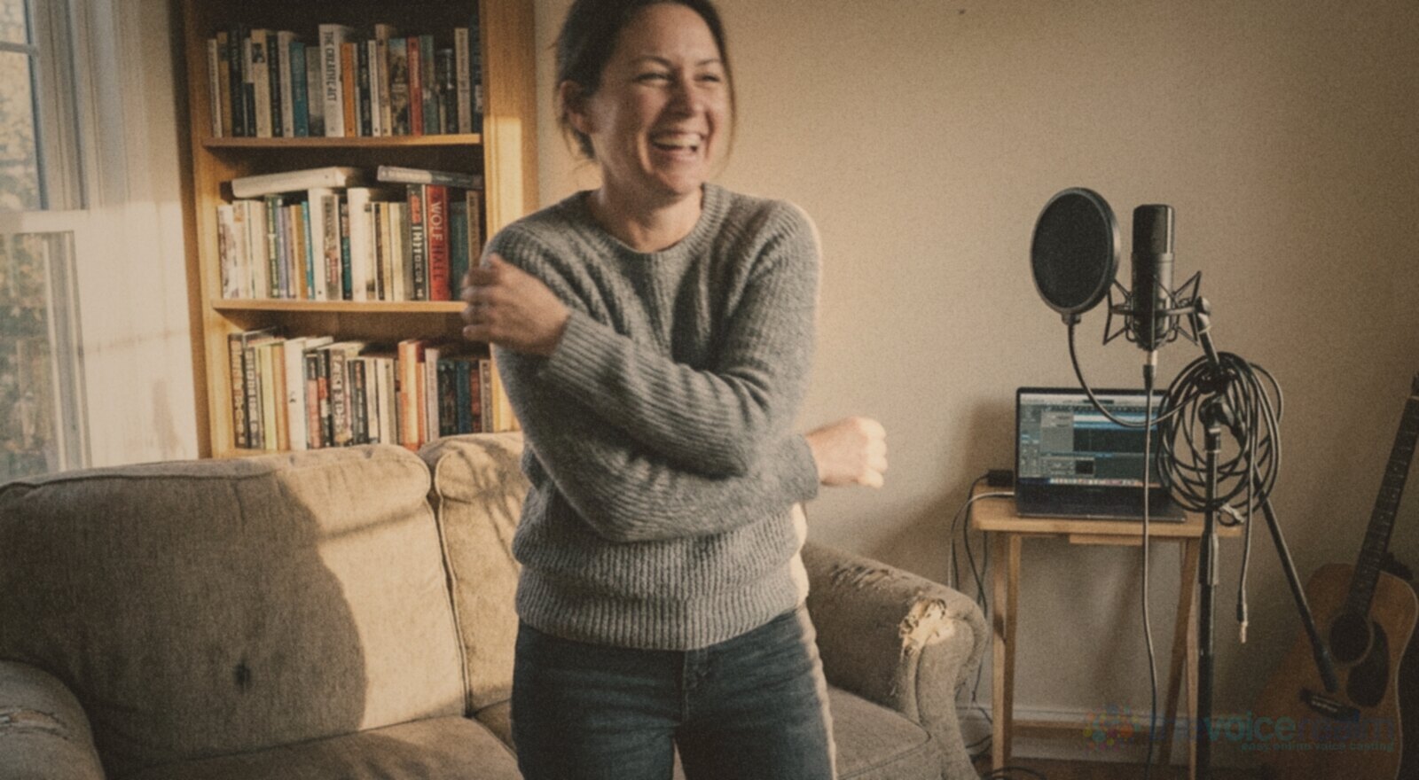 A woman in a grey jumper laughing as she shakes out her arms and shoulders in her living room, a microphone on a stand and a laptop in her recording corner behind her © The Voice Realm