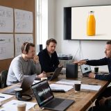 An advertising team around a meeting table reviewing a product video on a wall screen, laptops and scripts in front of them © The Voice Realm