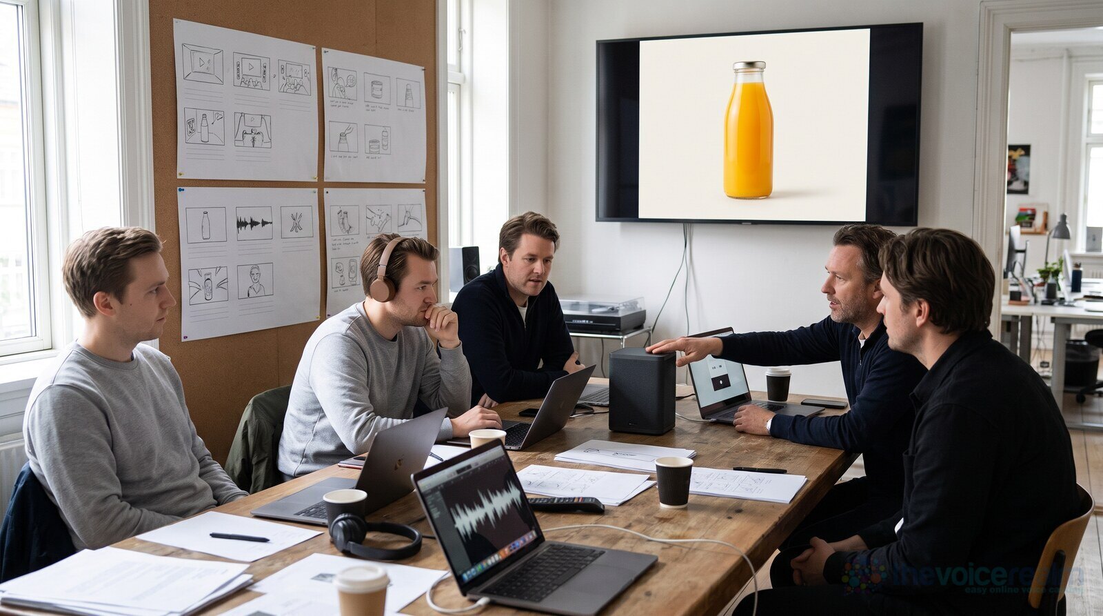 An advertising team around a meeting table reviewing a product video on a wall screen, laptops and scripts in front of them © The Voice Realm