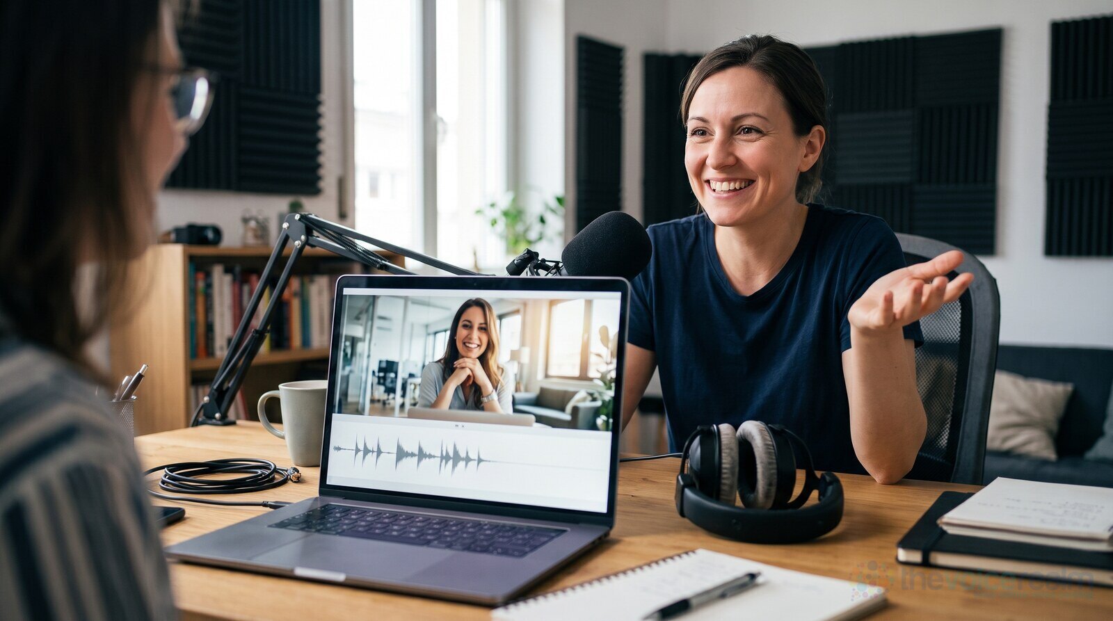 A smiling client on a video call with a voice actor, a laptop, headphones and a notebook on the desk between them © The Voice Realm