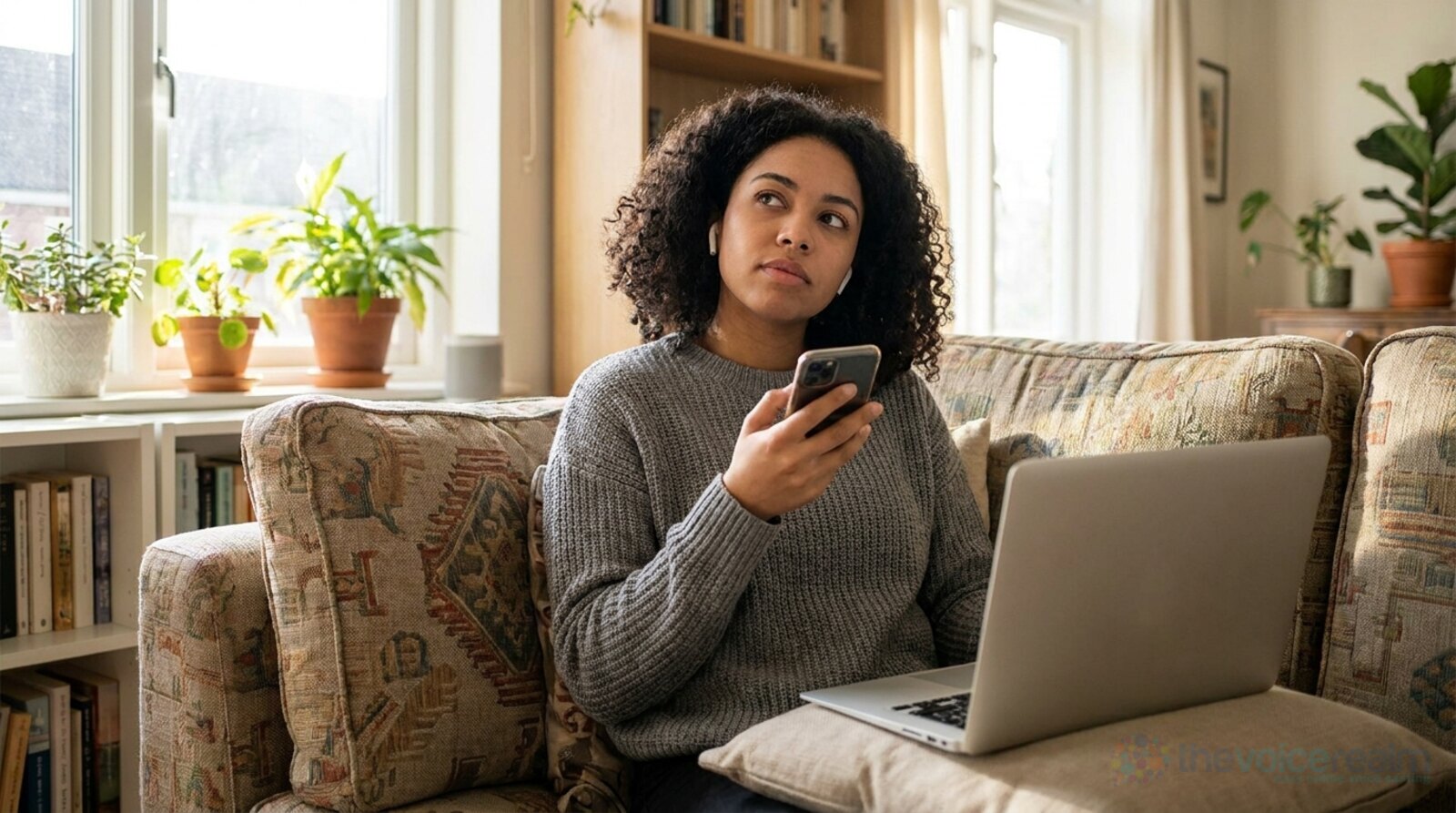 A woman with curly hair on a sofa listening carefully through wireless earbuds to audio on her phone, a laptop on the cushion beside her © The Voice Realm