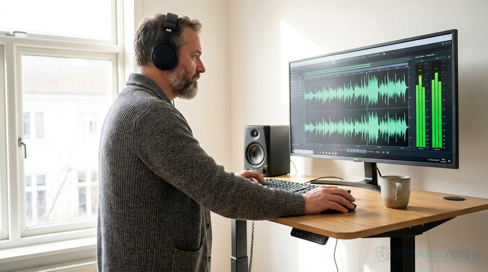 A man in a grey cardigan and headphones at a standing desk, studying a waveform and green level meters on a large monitor © The Voice Realm