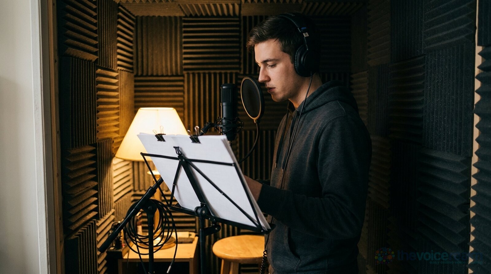 A young voice actor in a hoodie and headphones reading pages on a music stand in a foam-lined home booth, a microphone with a pop filter at mouth height © The Voice Realm