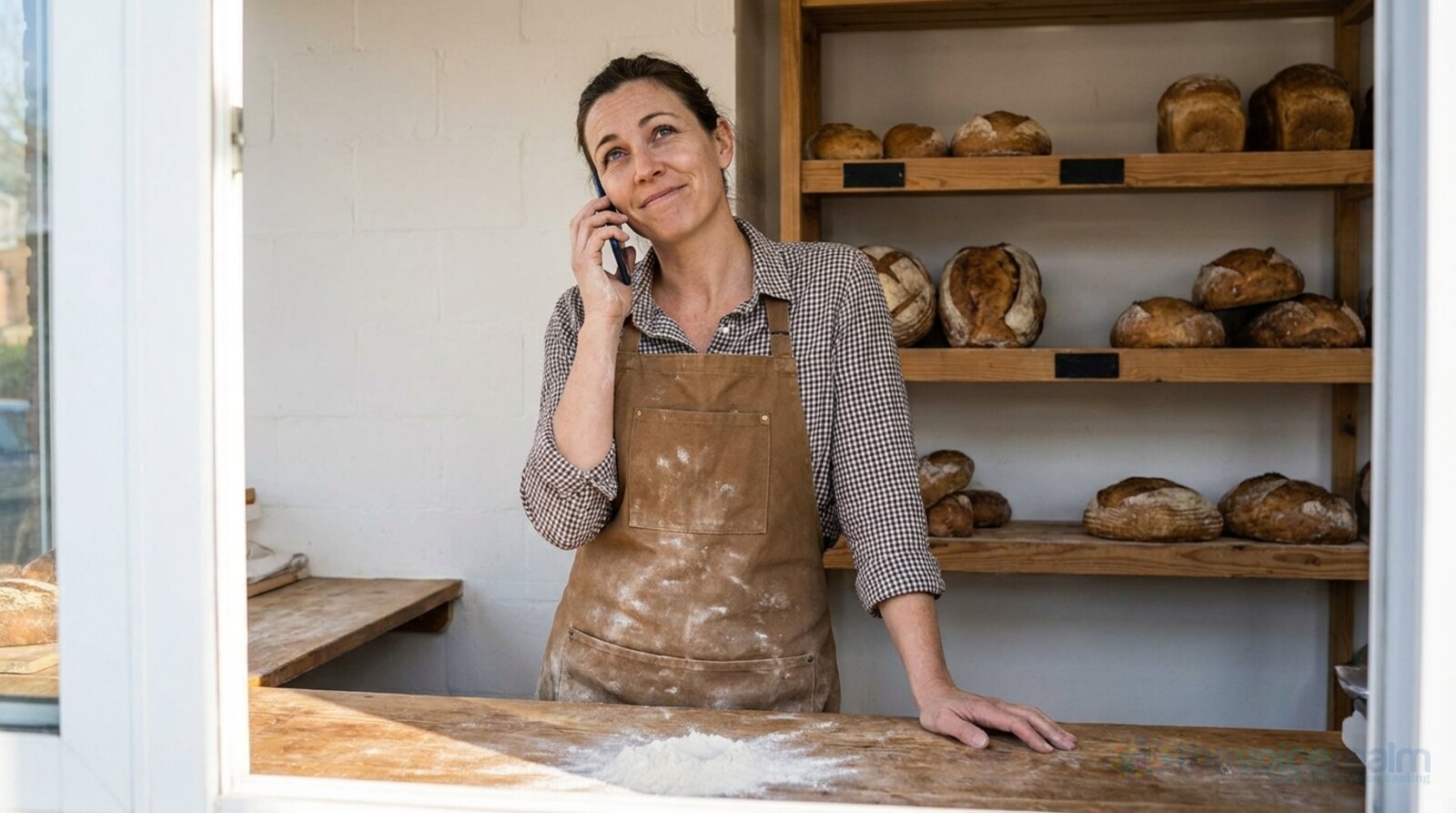 A baker in a floury apron leaning on her counter, on hold on her mobile phone with a patient half-smile, shelves of loaves behind her © The Voice Realm