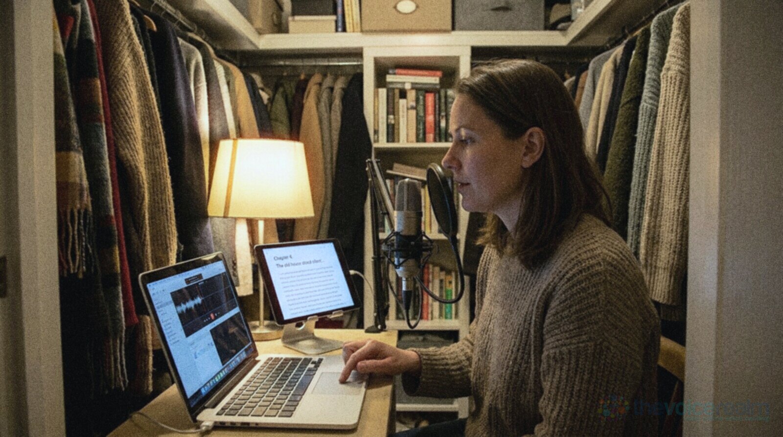 A narrator in a knitted jumper recording in a converted walk-in wardrobe at home, coats hanging behind her, a condenser microphone in front of her, a tablet showing a chapter of a book and her finger on the laptop keyboard © The Voice Realm