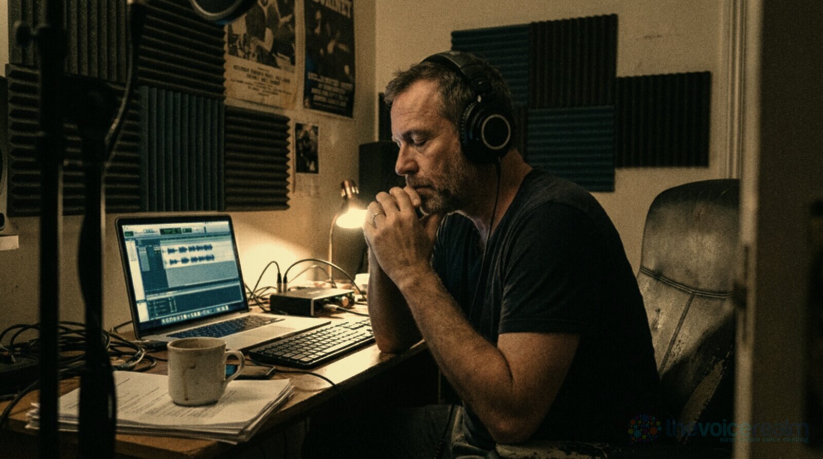 A grey stubbled man in closed back headphones listening back with his eyes closed in a small spare room studio with foam panels, a laptop showing a waveform on the desk © The Voice Realm