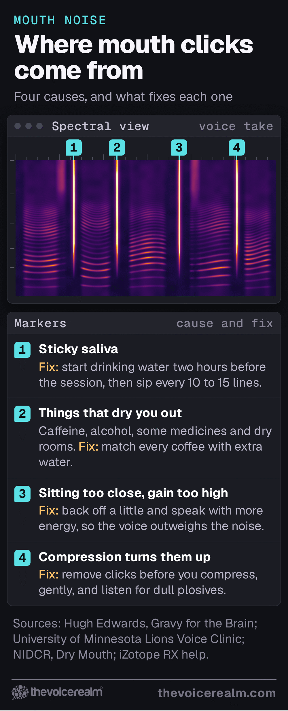 A spectral editor view of a voice recording: a heat map spectrogram of speech with four bright vertical mouth click streaks, each flagged with a number and matched in a markers panel to a cause and its fix. Sticky saliva: start drinking water two hours before the session, then sip every 10 to 15 lines. Things that dry you out, like caffeine, alcohol, some medicines and dry rooms: match every coffee with extra water. Sitting too close with the gain too high: back off a little and speak with more energy, so the voice outweighs the noise. Compression turns them up: remove clicks before you compress, gently, and listen for dull plosives © The Voice Realm