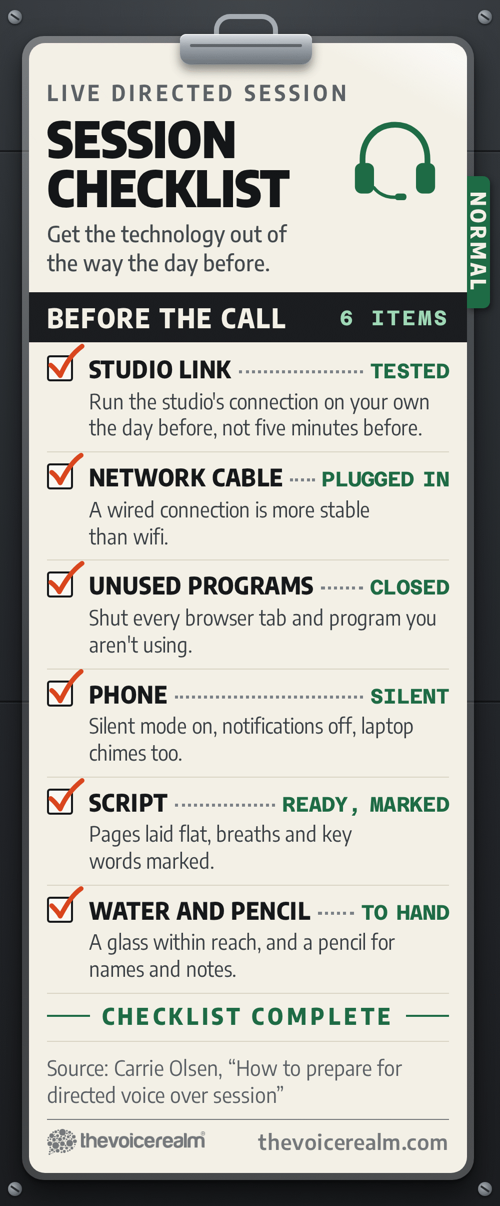 Laminated session checklist clipped to a dark panel, section Before the call: studio link tested on your own the day before, not five minutes before; network cable plugged in, as a wired connection is more stable than wifi; unused tabs and programs closed; phone silent with notifications and laptop chimes off; script ready with pages laid flat and breaths and key words marked; water and a pencil to hand for names and notes. Every box is ticked © The Voice Realm