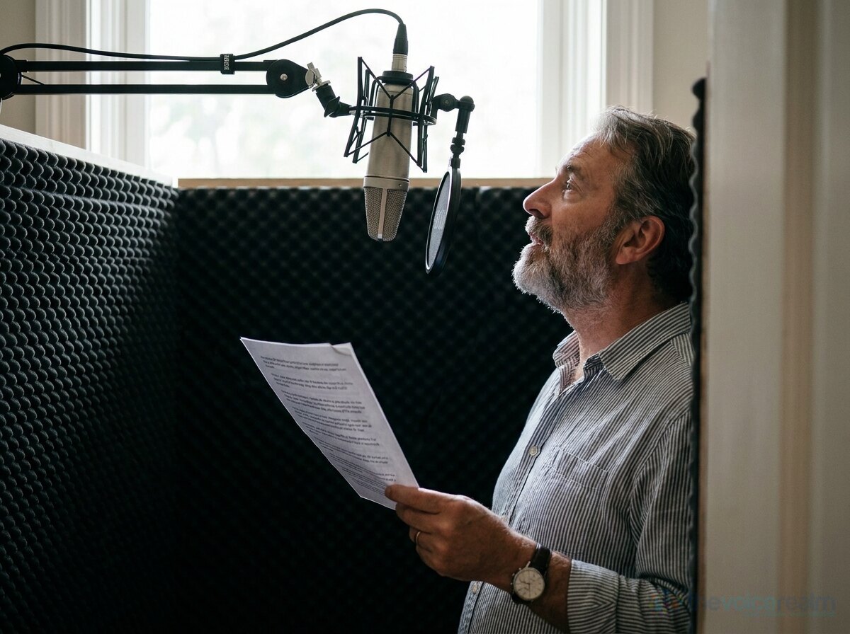 A grey-bearded voice actor in a home booth reading a script up toward a condenser microphone hung from a boom arm above his mouth line © The Voice Realm