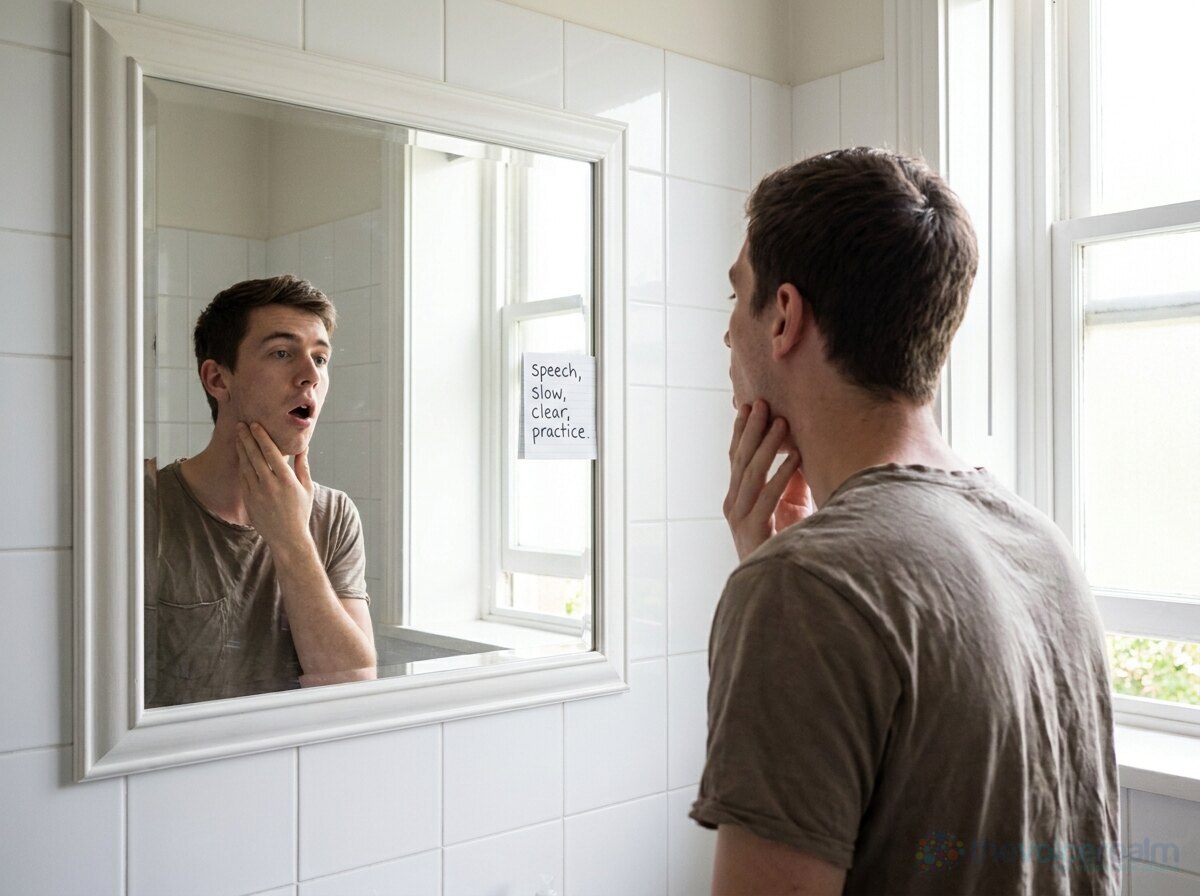 A young man at a bathroom mirror with one hand on his jaw, watching his mouth as he says a word slowly © The Voice Realm