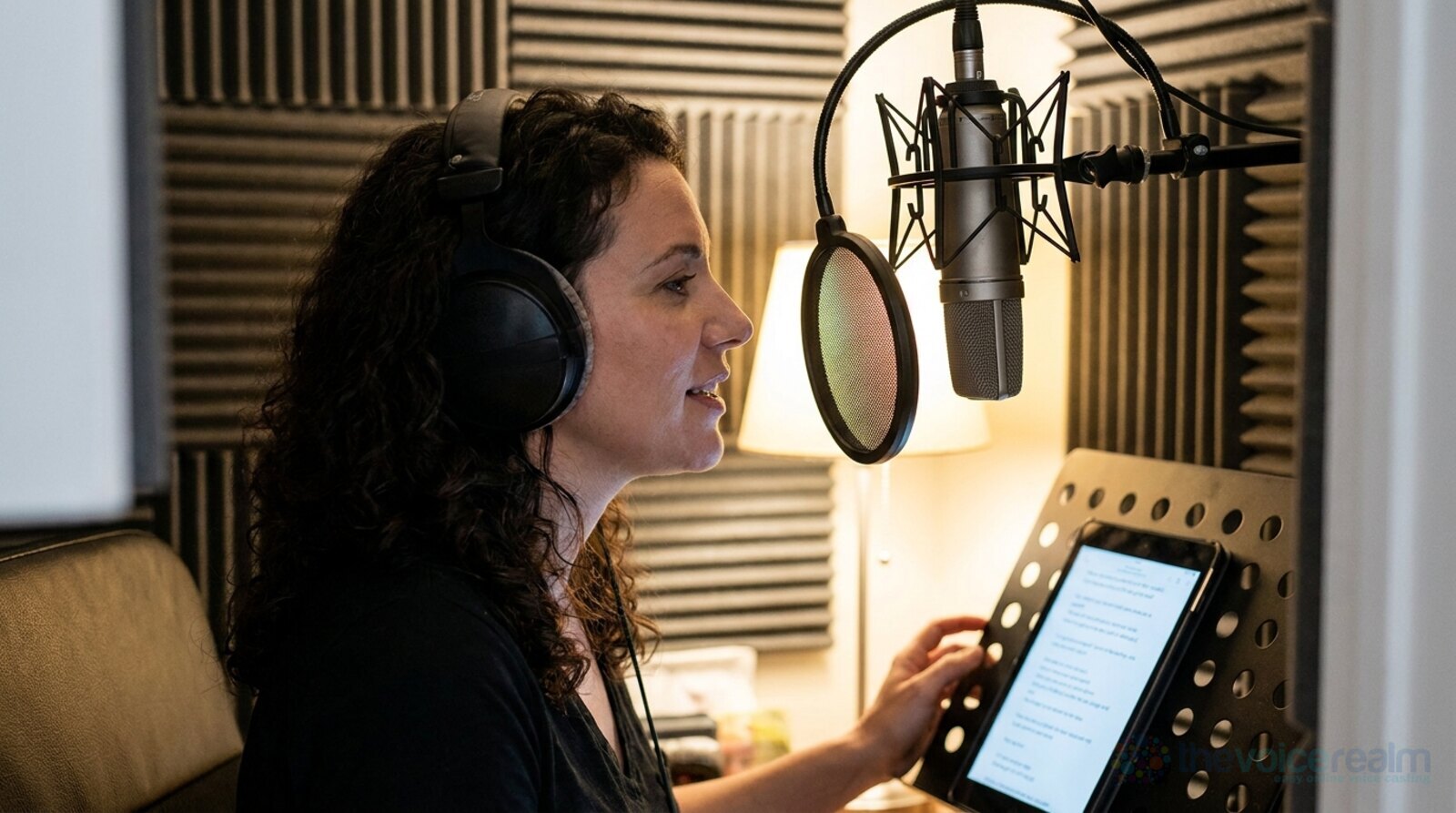 A woman with curly dark hair recording in a foam-lined home vocal booth, a condenser microphone with a pop filter set just above her mouth and angled down, reading from a tablet on a music stand © The Voice Realm