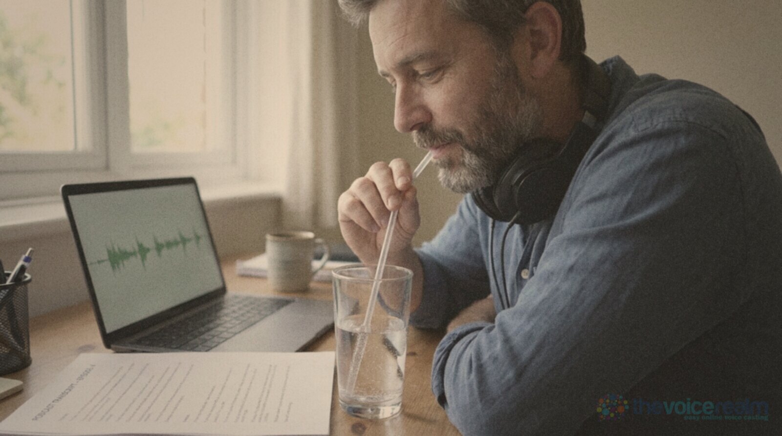A man with a grey beard at a home desk blowing gently through a clear straw into a tall glass of water, headphones around his neck and a laptop showing a waveform beside him © The Voice Realm