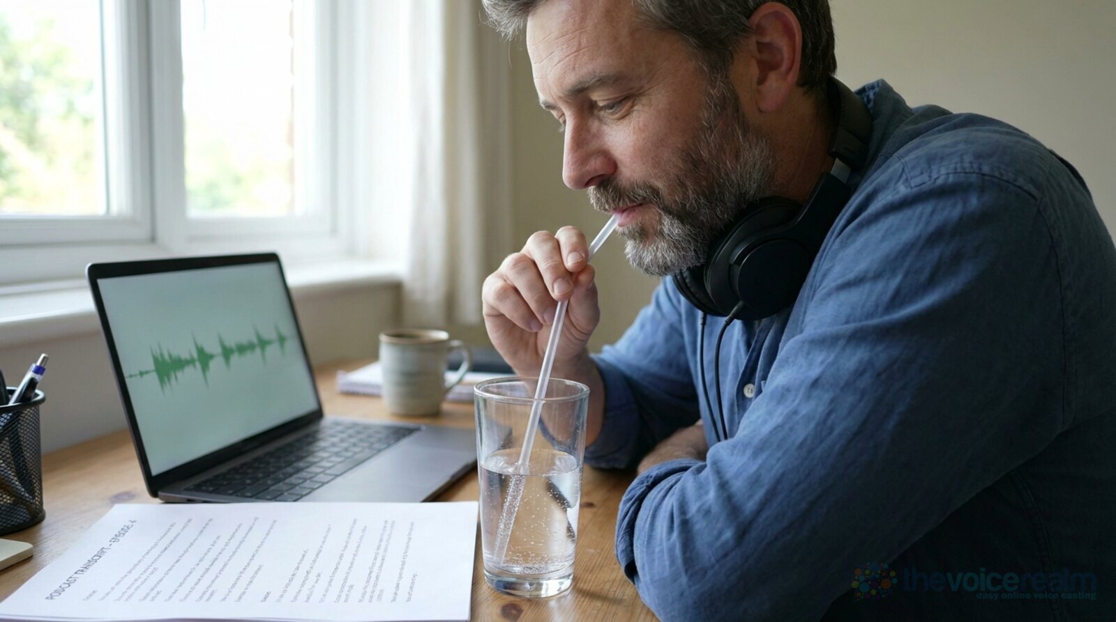 A man with a grey beard at a home desk blowing gently through a clear straw into a tall glass of water, headphones around his neck and a laptop showing a waveform beside him © The Voice Realm
