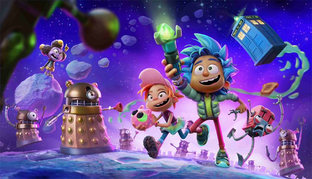 First look image from the CBeebies series Doctor Who: TARDIS Crew: a young Doctor with blue hair holding up a glowing green device, his friends beside him, Daleks and the TARDIS in a purple starry sky. Image: BBC
