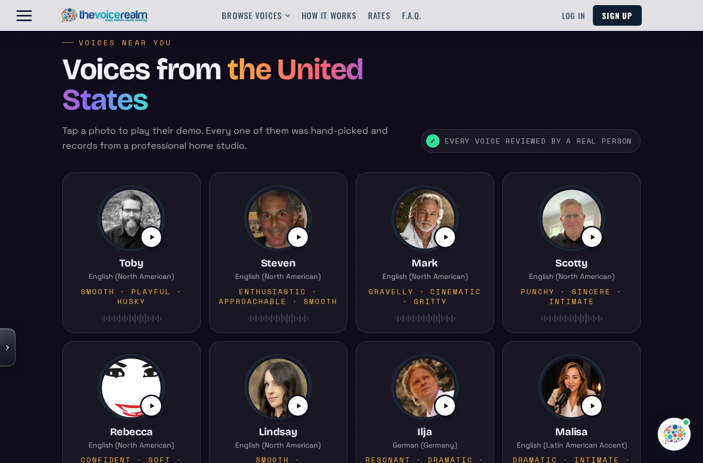 Screenshot of The Voice Realm homepage on 1 October 2026 as seen from the United States, showing Voices from the United States: named voice actors with photos and play buttons. Screenshot: thevoicerealm.com