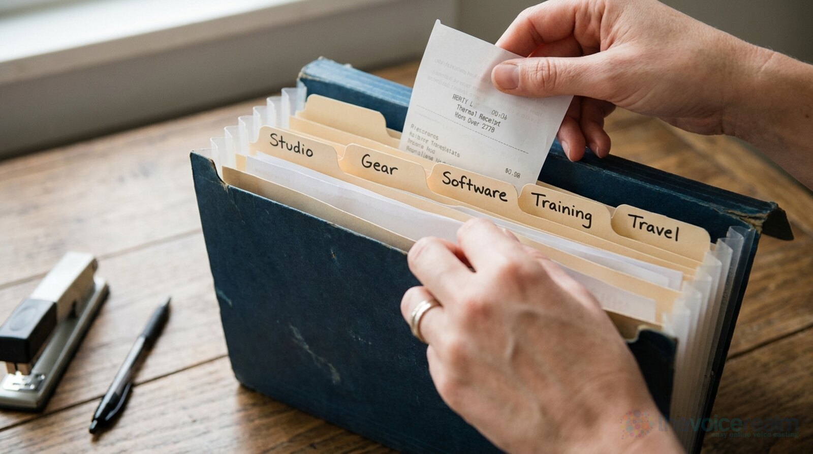 Hands filing a receipt into an expanding folder with tabs for studio, gear, software, training and travel, a stapler and pen on the desk © The Voice Realm