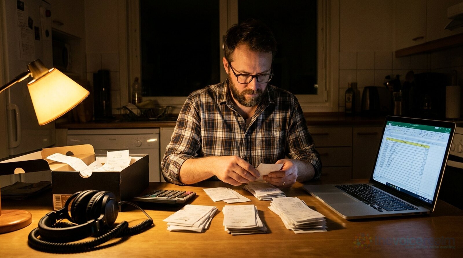 A bearded voice actor at a kitchen table late in the evening sorting piles of receipts beside a laptop spreadsheet, a calculator and a pair of studio headphones © The Voice Realm