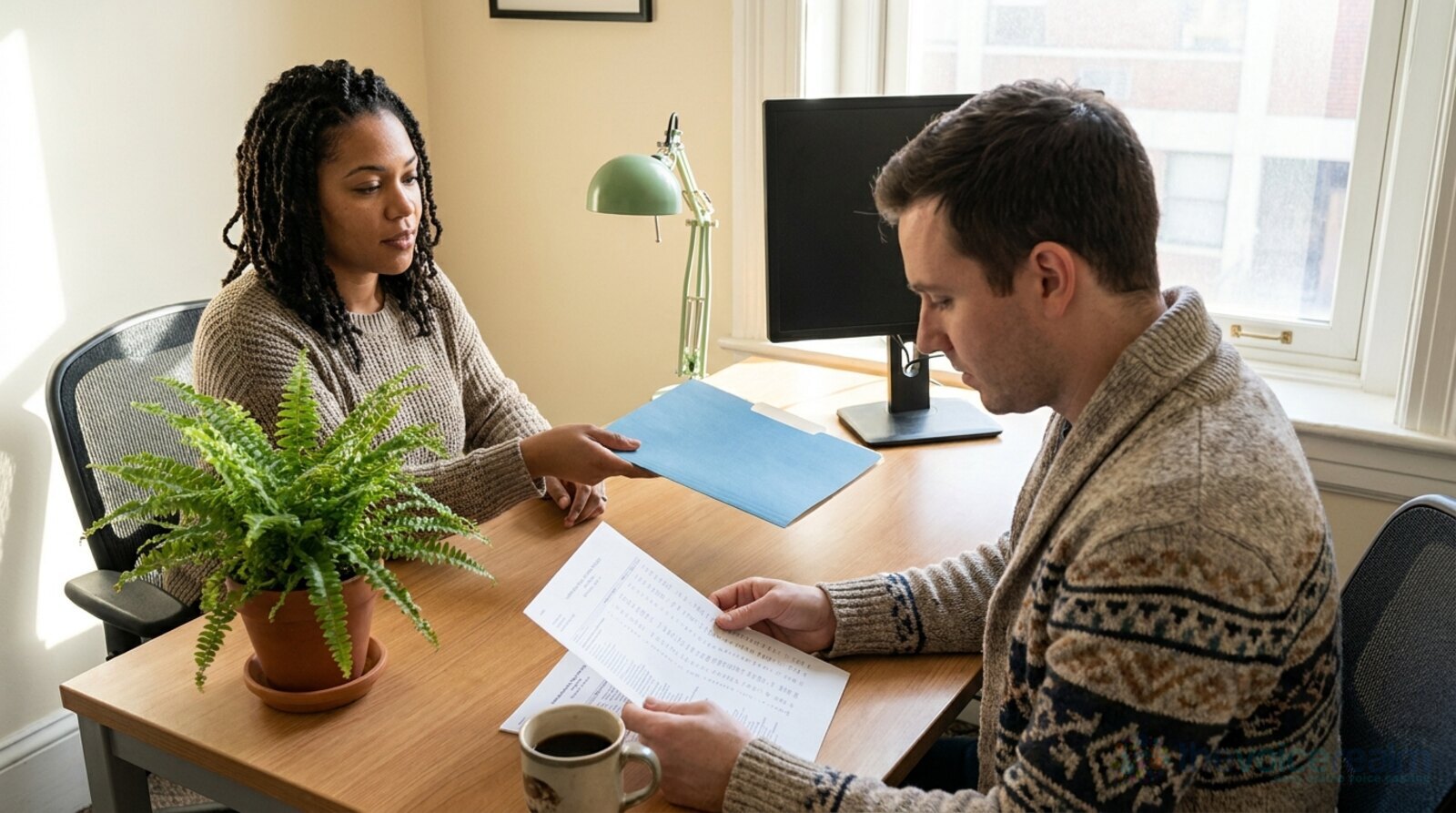 A voice actor in a patterned cardigan reading through papers with a tax preparer at a bright desk as the preparer hands him a blue folder © The Voice Realm