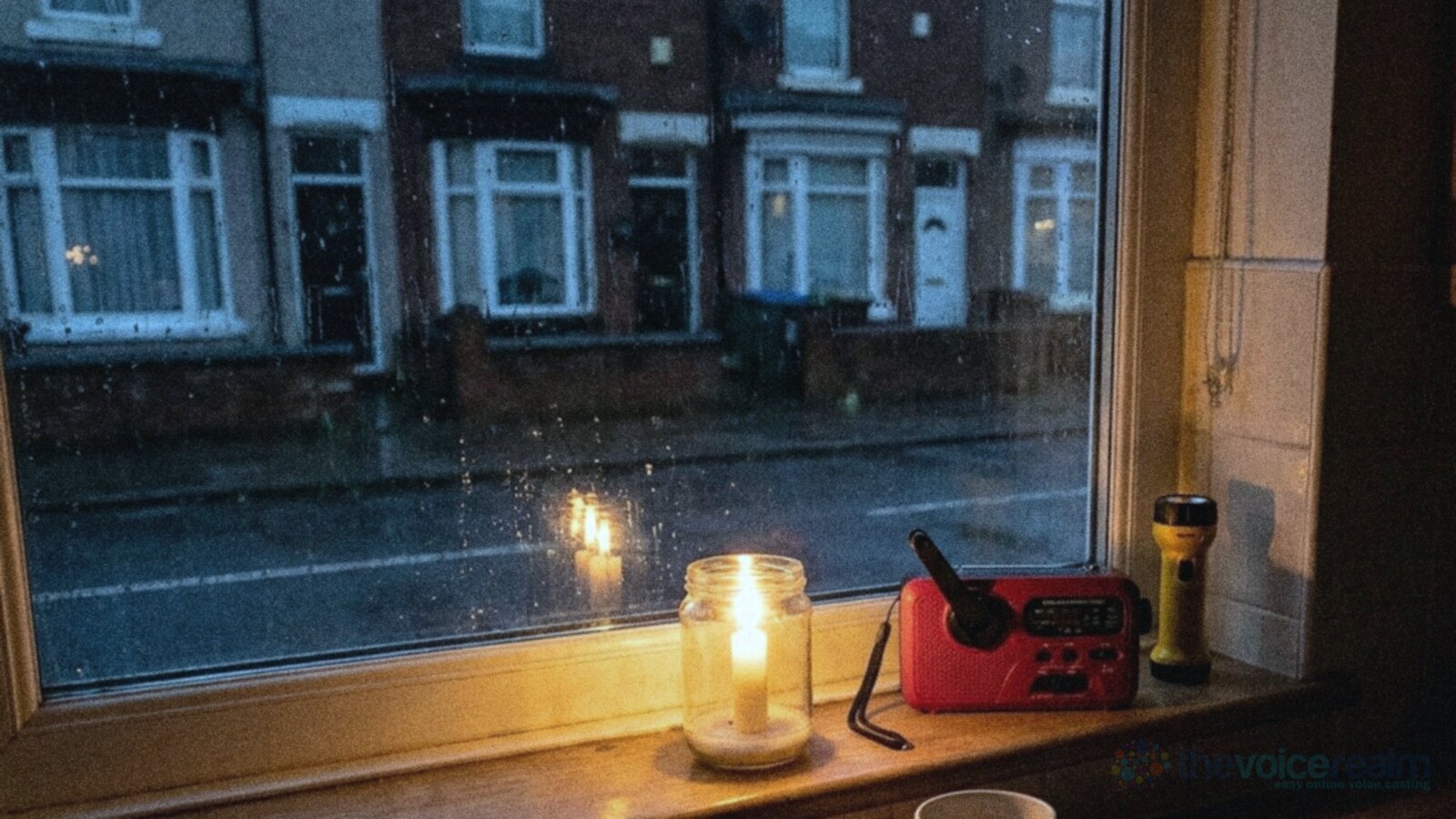 A red wind-up emergency radio, a torch and a candle in a jar on the windowsill of a dark kitchen in a British terraced house during a power cut, rain on the glass © The Voice Realm