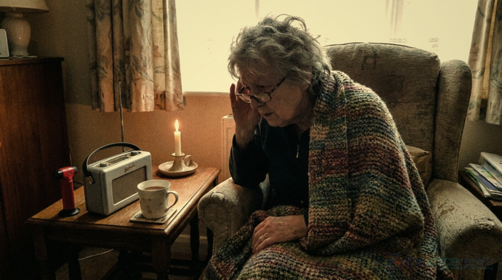 An older woman wrapped in a knitted blanket leans in to listen to a small battery radio on a side table beside a cup of tea and a lit candle in her living room © The Voice Realm
