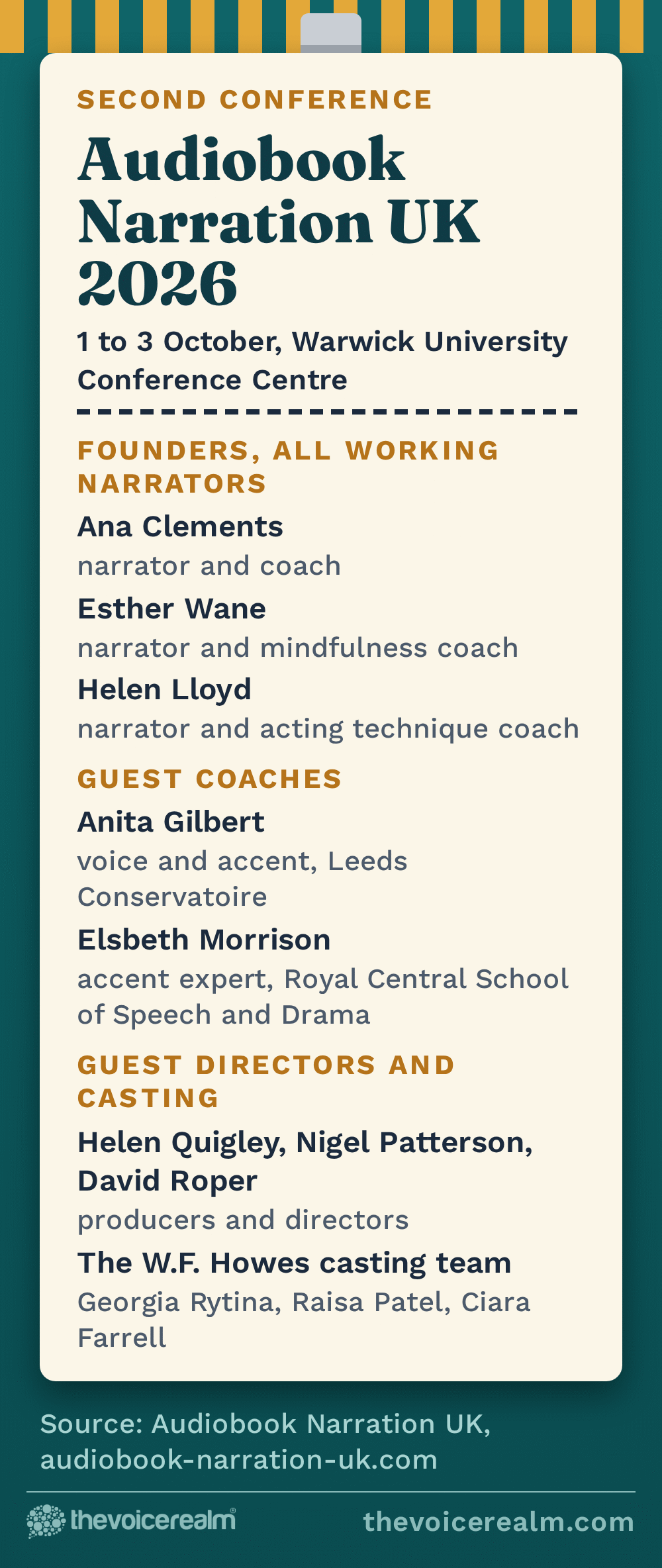 Graphic styled as a conference lanyard and programme card for Audiobook Narration UK 2026 at Warwick University Conference Centre, 1 to 3 October, listing the three founding narrators, two guest coaches, guest directors and the W.F. Howes casting team © The Voice Realm