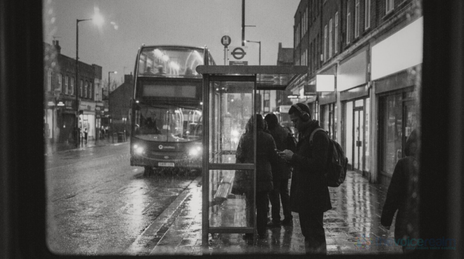A red double decker bus pulls up at a rainy British high street bus shelter at dusk while a few people wait, one wearing over-ear headphones © The Voice Realm