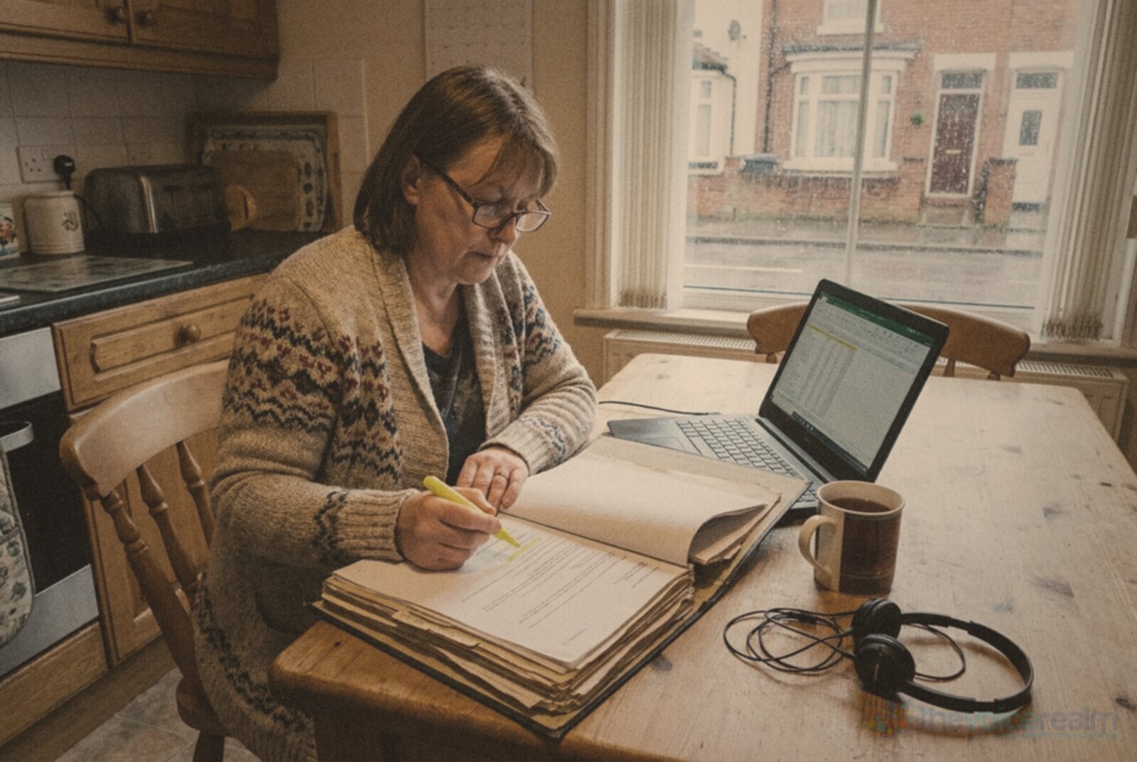 A woman in reading glasses at a kitchen table in a British terraced house going through a thick stack of old printed contracts with a yellow highlighter, a laptop, a mug of tea and headphones beside her, rain on the window © The Voice Realm