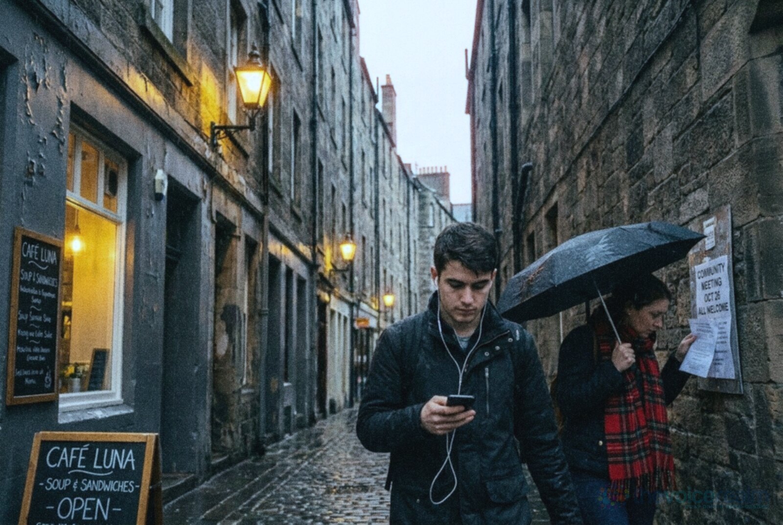 A young man with wired earbuds walking down a narrow cobbled close in Edinburgh's Old Town in the drizzle, a woman in a tartan scarf with an umbrella reading a notice on the stone wall behind him © The Voice Realm