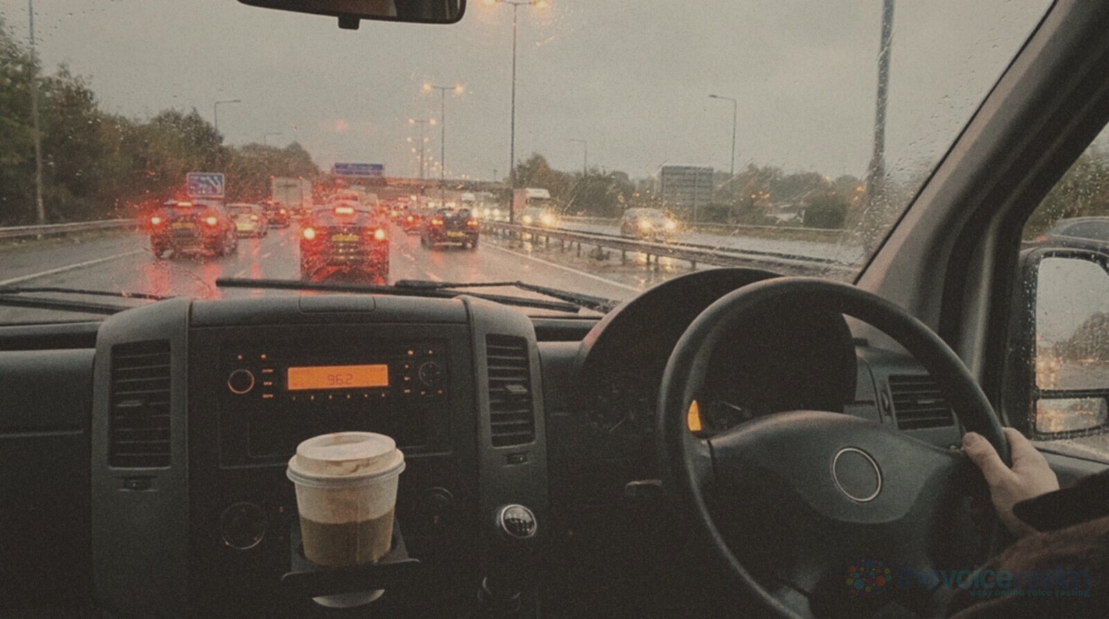 View from a van driver's seat on a wet British motorway at dusk, brake lights ahead, the radio display glowing orange and a takeaway coffee in the cup holder © The Voice Realm