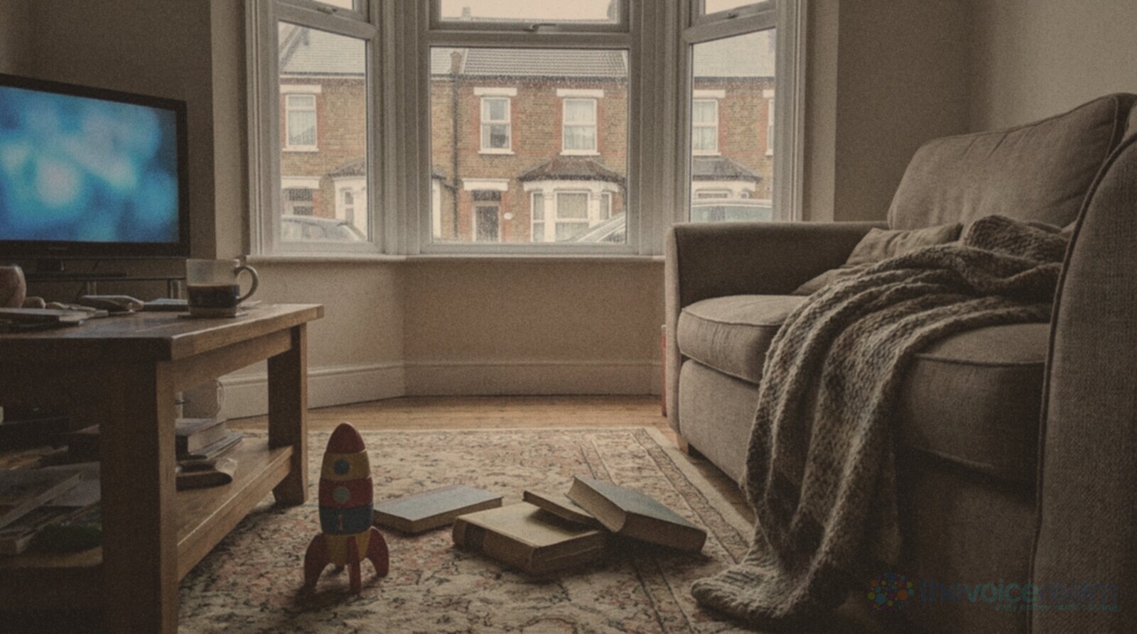 A living room in a British terraced house on a rainy afternoon, a wooden toy rocket and a few board books on a patterned rug, a knitted blanket over the sofa, a mug of tea and a television glowing in the corner © The Voice Realm