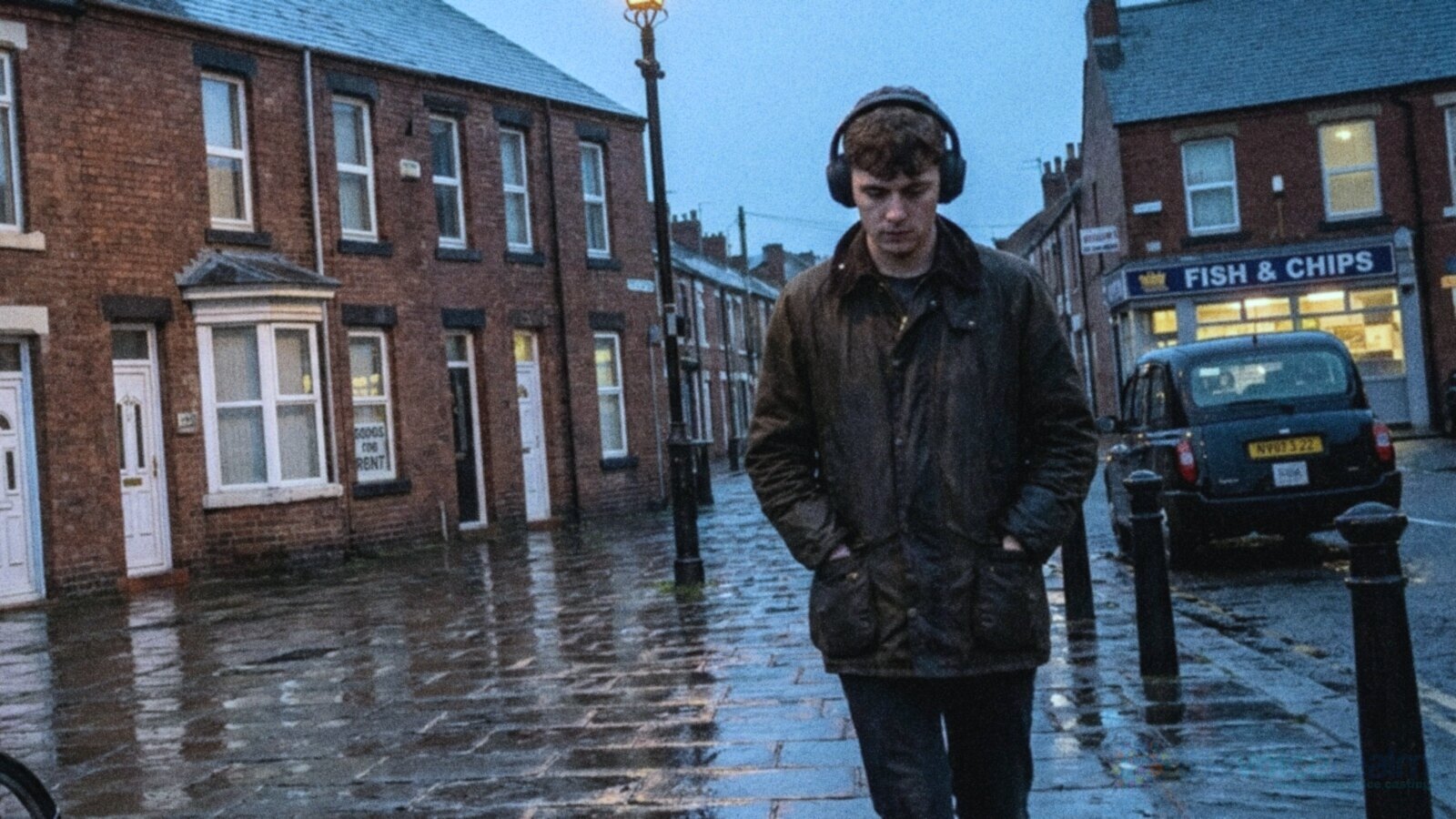 A young man in a waxed jacket and over-ear headphones walking along a wet street of red brick terraced houses in a northern English town at dusk, a lit fish and chip shop and a black cab behind him © The Voice Realm