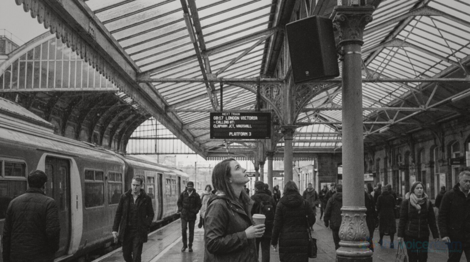 Black and white photo of commuters on a covered Victorian railway platform in Britain, a woman in a raincoat holding a coffee looks up at a loudspeaker on an iron pillar beside a departure board © The Voice Realm