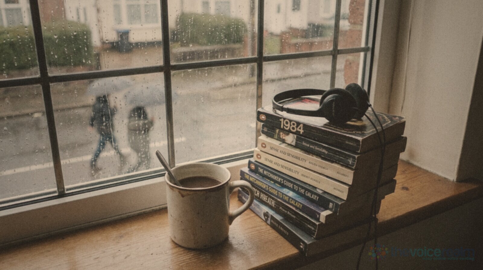 A stack of paperback novels with headphones resting on top and a mug of tea on a windowsill, rain on the glass and people with umbrellas on a British street outside © The Voice Realm