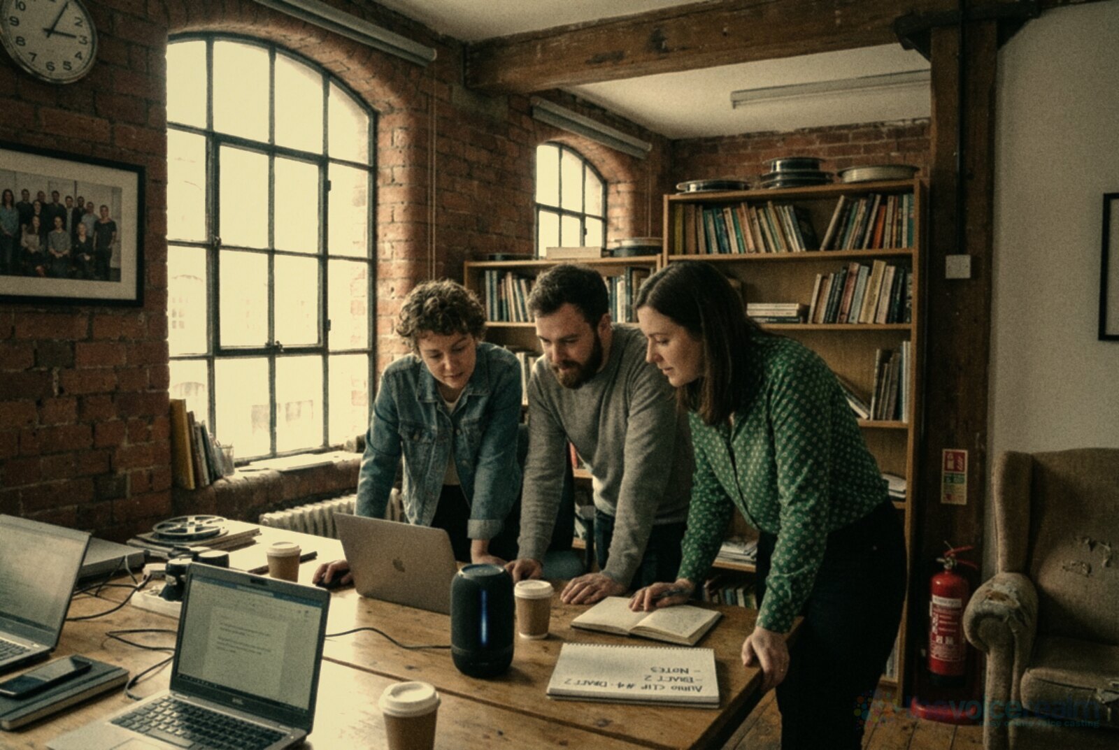 Three colleagues in a converted red brick mill office in Manchester leaning over a desk to listen to audio from a small speaker, arched cast iron windows and bookshelves behind them © The Voice Realm
